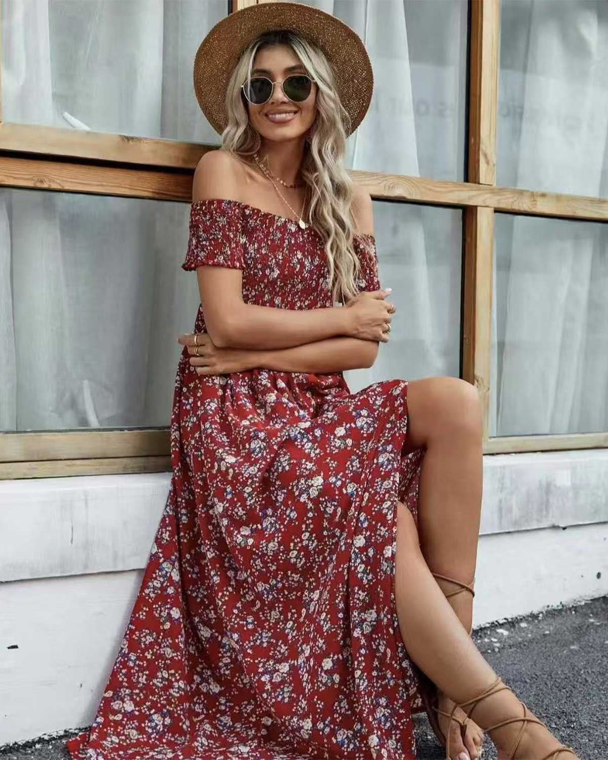 SLIM®Boho Floral Off-Shoulder Maxi Dress